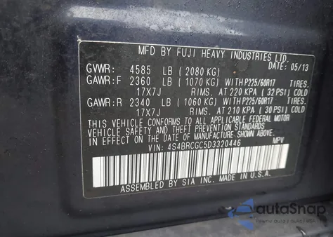 2013 Subaru Outback 2.5I Premium из США, поврежденный, VIN 4S4BRCGC5D3320446